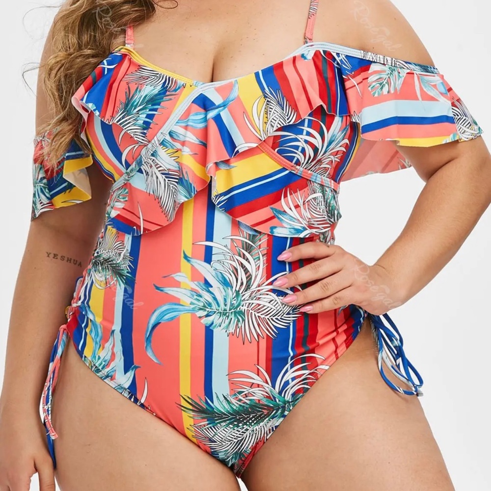 XOXO One Piece Swimsuit Coral Pink Stripe w/Palms Sz 2X